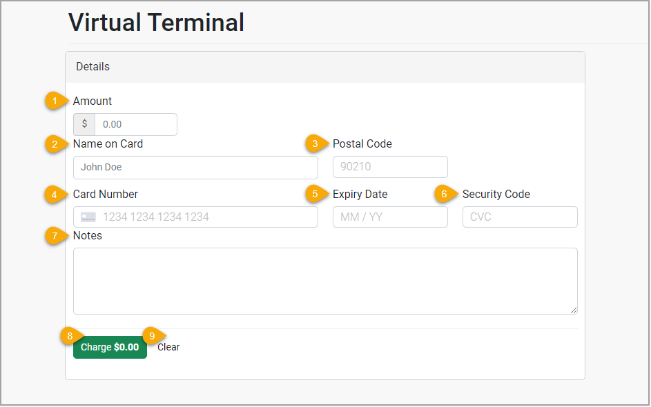 Image showing how to enter a charge through the Bottle POS Virtual Terminal Payment Portal.