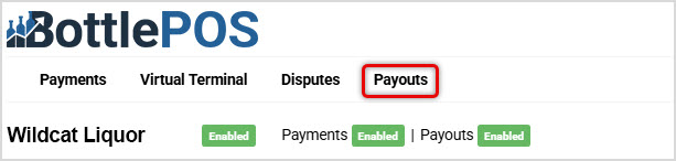Image showing the Bottle POS Payment Portal site header highlighting the Payouts link in the main menu.