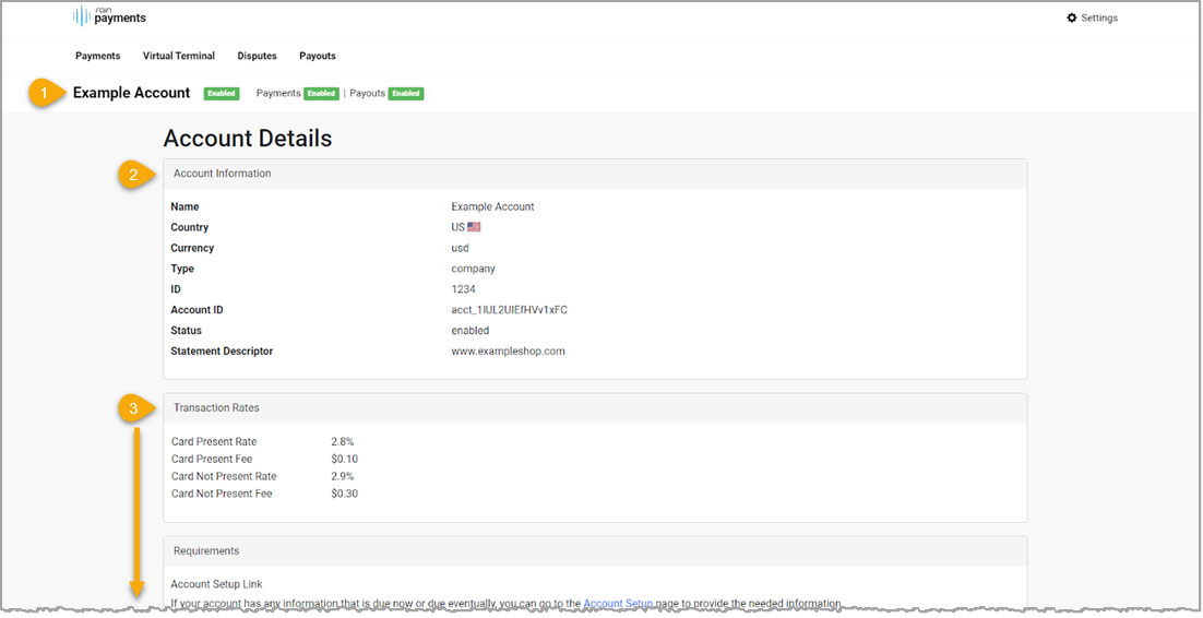 Image of the Account Details page of the Bottle POS Payment Portal with key areas highlighted.