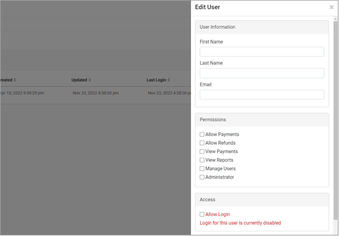 Image showing the Edit User panel of the Manage Users page of the Bottle POS Payments Portal.