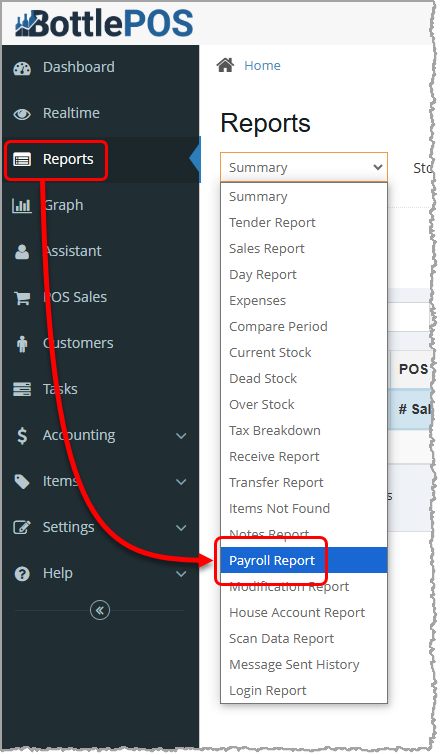 Image showing how to access the Payroll report in the Bottle POS Admin app.
