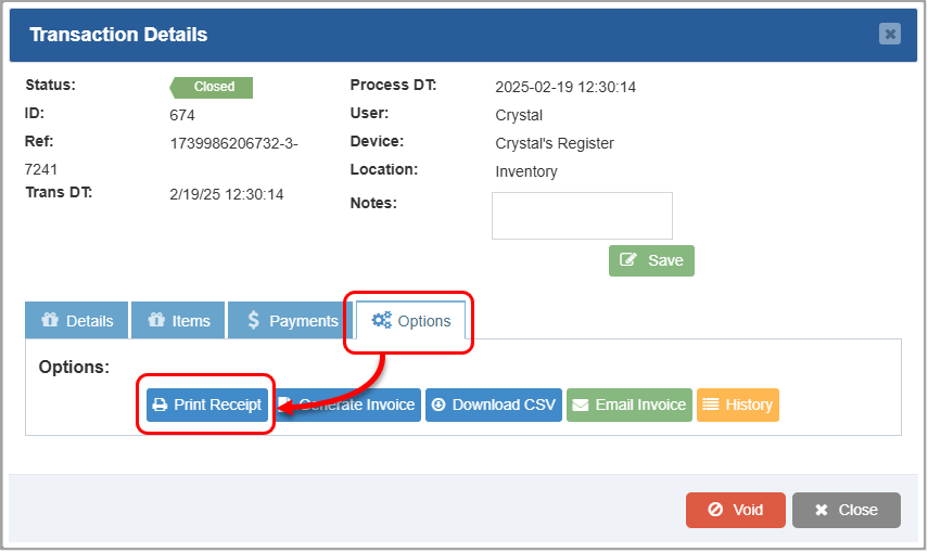 Image of the Transaction Details window of the Bottle POS Admin app where the user can click the Print Receipt button to generate a receipt for the customer.