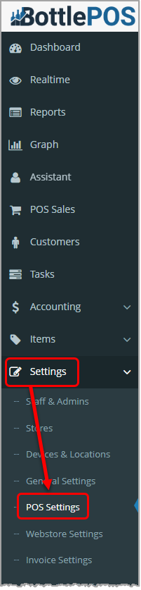 Image showing the POS Settings area of your Bottle POS Admin app's main menu.