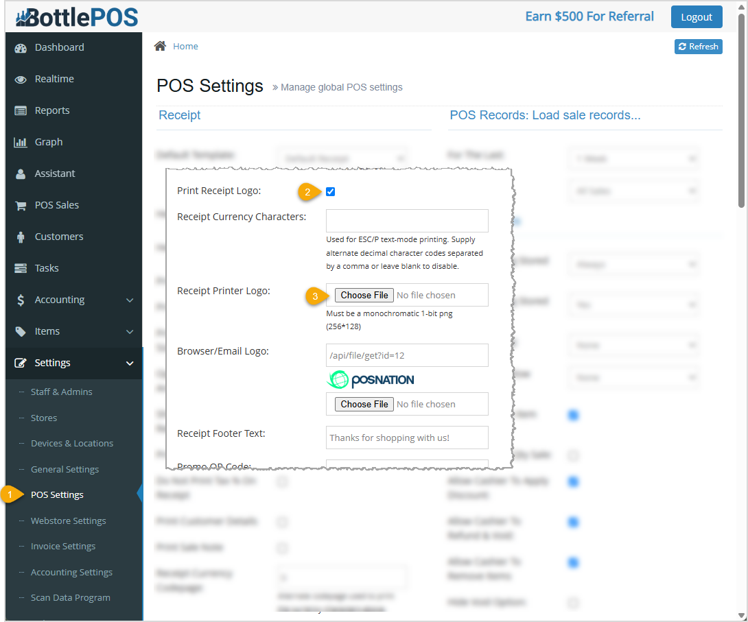 Image showing how to get to and turn on the Receipt Logo option in your Bottle POS Admin.