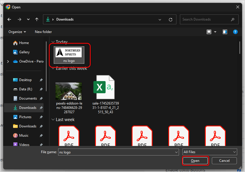 Image showing how to find and select a logo image for use on customer receipts for the Bottle POS system.