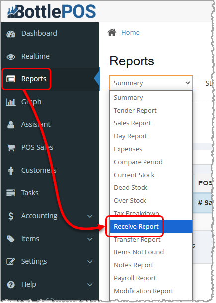 Image showing how to access the Receive Report in the Bottle POS Admin app.