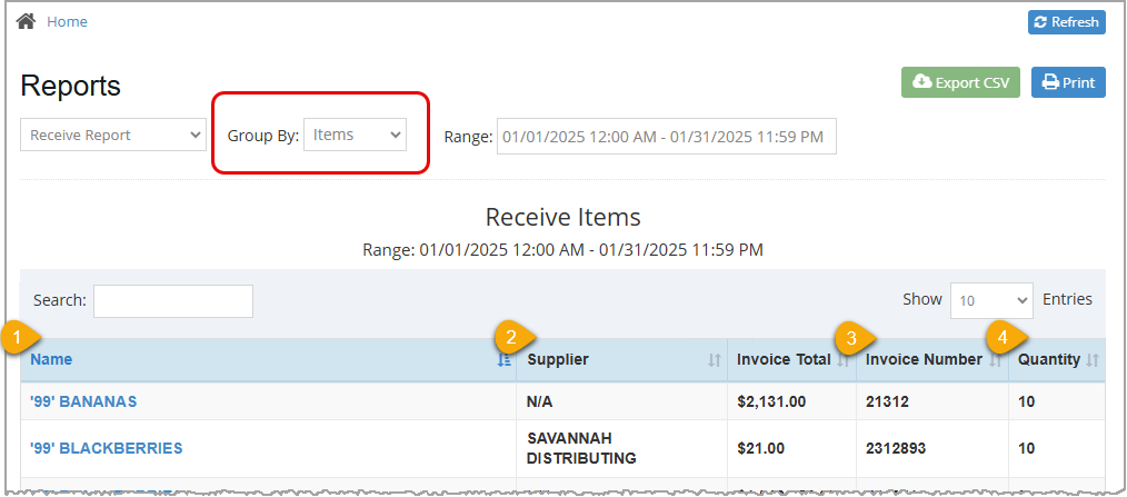 Image showing the Receive Items report of the Bottle POS Admin app grouped by Items.