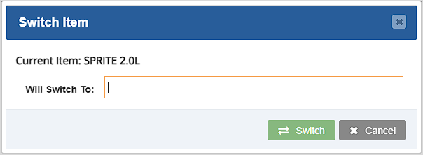 Image showing the Switch Item window of the Receive Items area of the Bottle POS.