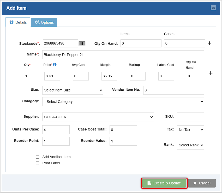 Image showing the Add Item window for updating new item details in the Receive Items area of the Bottle POS.