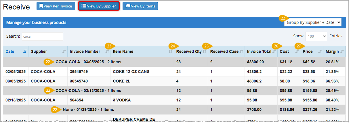 Image showing highlighted areas of the View by Supplier view of the Receive page of the Bottle POS Admin.