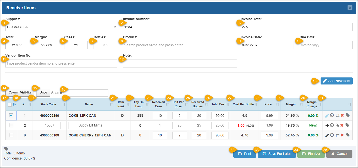 Image showing the Receive Items window of the Bottle POS Admin app.