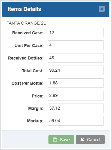 Image showing the Items Details window when receiving items.