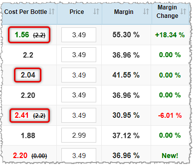 Image showing costs per bottle with highlighted values that were greater, less than, and equal to previous values received for items in the Bottle POS Admin.