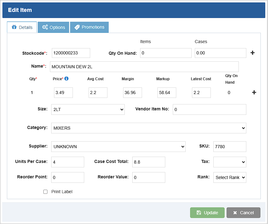 Image showing the Edit Item window of the Receive Items area of the Bottle POS.
