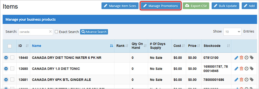 Image showing the Items page of the Bottle POS Admin with the Manage Promotions button highlighted.
