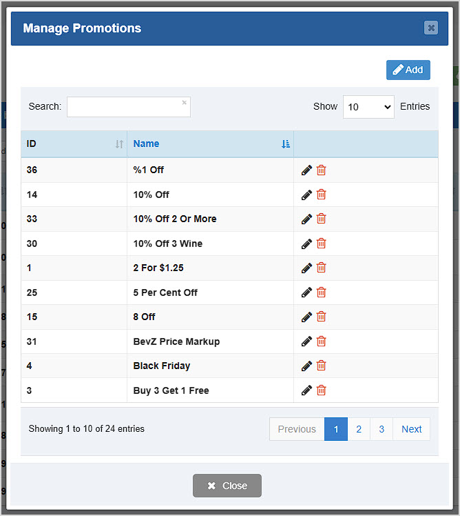 Image showing the Manage Promotions window of the Bottle POS Admin.