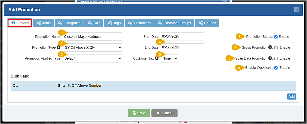 Image showing the Add Promotion window of the Bottle POS Admin with the General tab major functions highlighted.