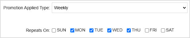 Image showing the Weekly type of applied Promotion of the Bottle POS Admin with day of the week options highlighted.