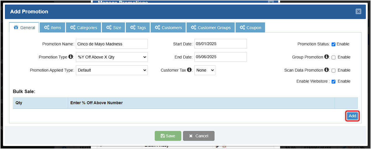 Image showing the Add Promotion window of the Bottle POS Admin with the Add button of the General tab highlighted.
