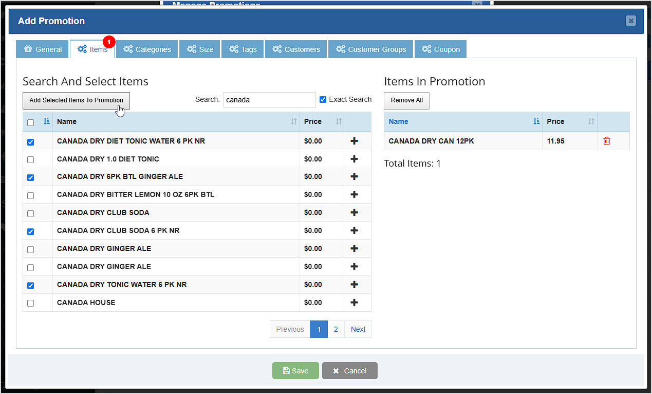 Image showing the Items tab of the Add Promotion window of the Bottle POS Admin.