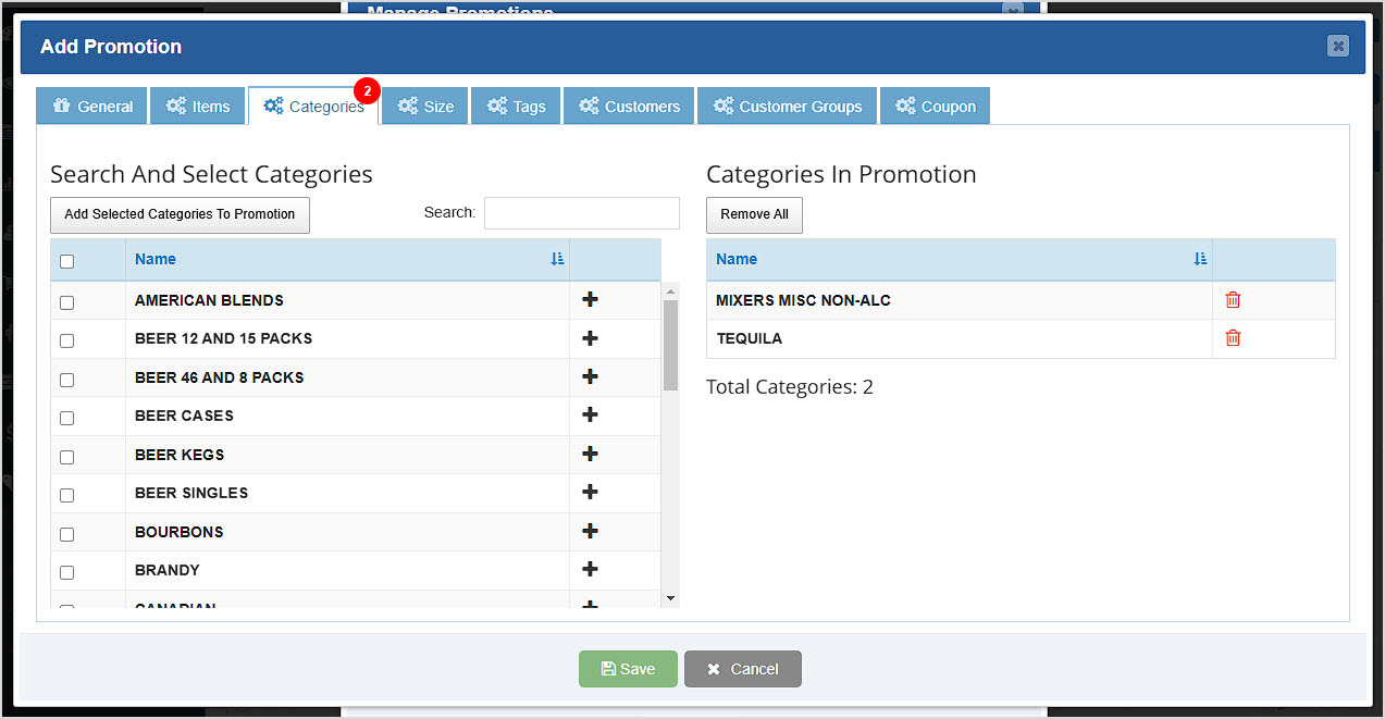 Image showing the Categories tab of the Add Promotion window of the Bottle POS Admin.
