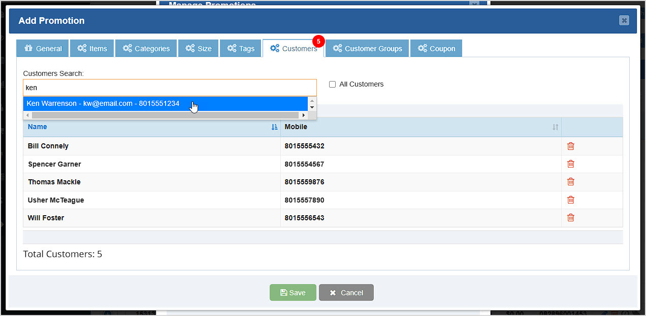 Image showing the Customers tab of the Add Promotion window of the Bottle POS Admin.
