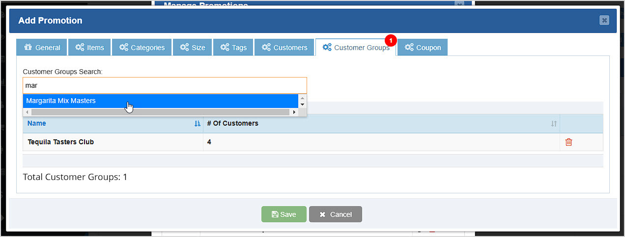 Image showing the Customer Groups tab of the Add Promotion window of the Bottle POS Admin.