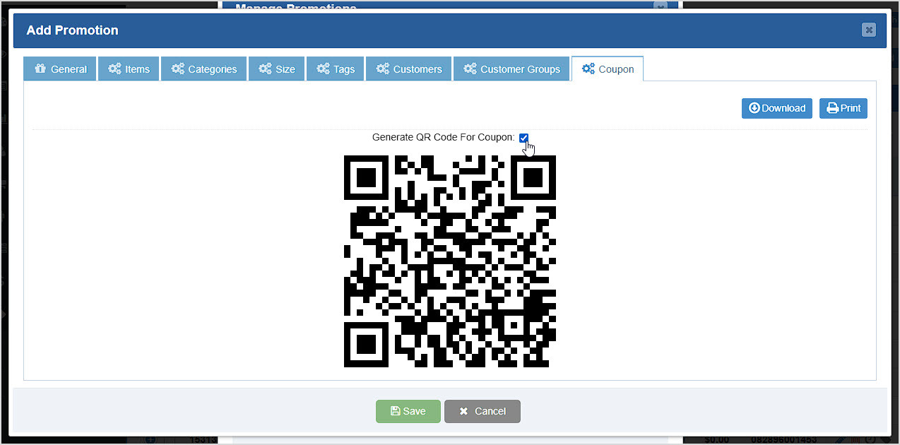 Image showing the Coupons tab of the Add Promotion window of the Bottle POS Admin.