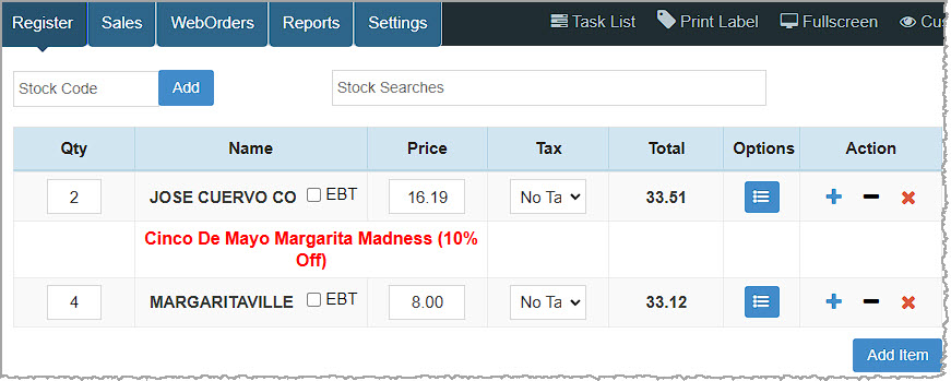 Image showing a promotion in red that's been added to a transaction in the Bottle POS Register.) Active promotions that do not have active QR Code coupons will automatically apply to eligible items for eligible customers in the Register.