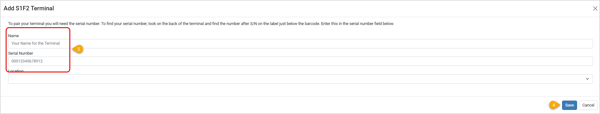 Image showing where to enter the name and serial number of the device when you are pairing it to a terminal.