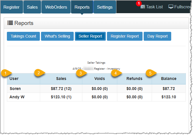 Image showing the Bottle POS app’s Seller Report with major features highlighted.
