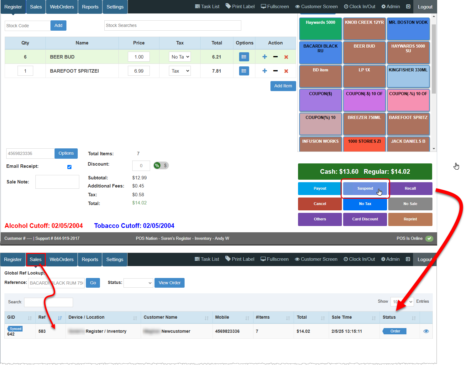 Image showing how to suspend an active sale and shows that sale after it moves to the Sales tab in the Register.