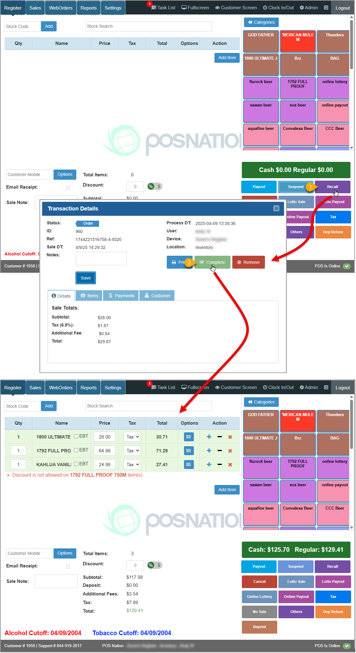 Image showing the process of recalling a suspended sale back to the Register.
