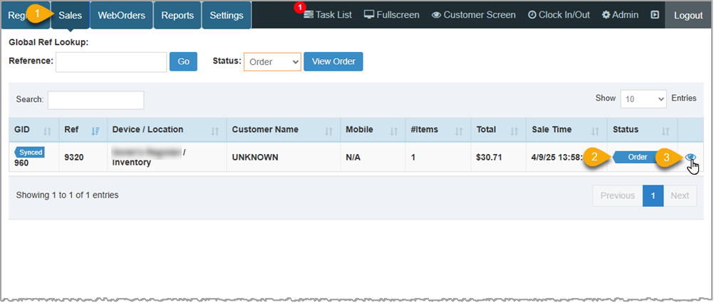 Image showing how to find and recall a suspended sale to the register if it was not the most recently suspended sale.