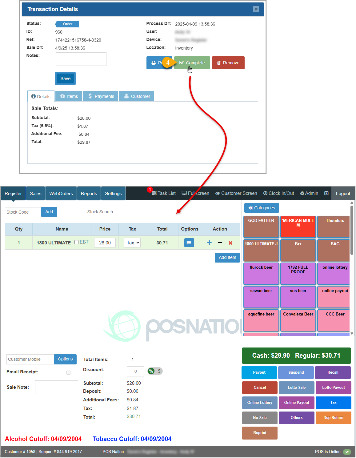 Image showing the result of recalling a suspended sale from history forward into the Register.