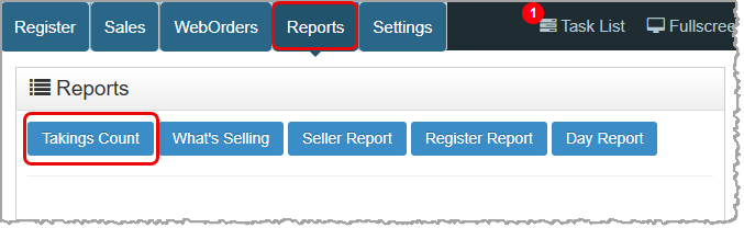 Image showing how to access the Takings Count report in the Bottle POS Register app.