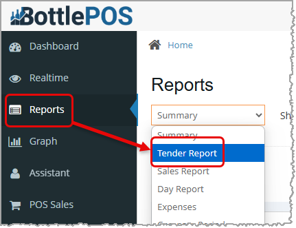 Image showing how to access the Tender Report in the Bottle POS Admin app.