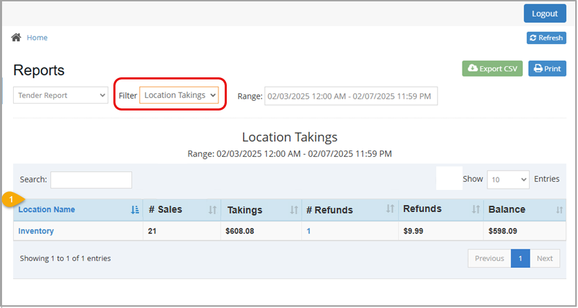 Image showing the Tender Report of the Bottle POS Admin app filtered by Location Takings.