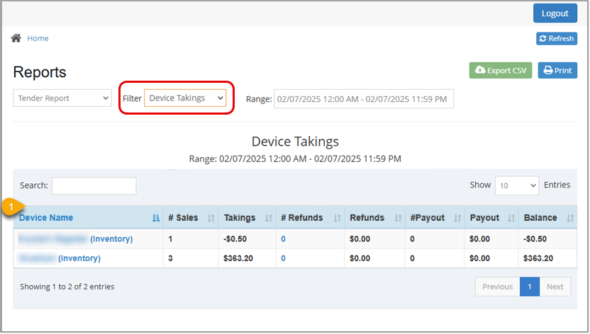 Image showing the Tender Report of the Bottle POS Admin app filtered by Device Takings.