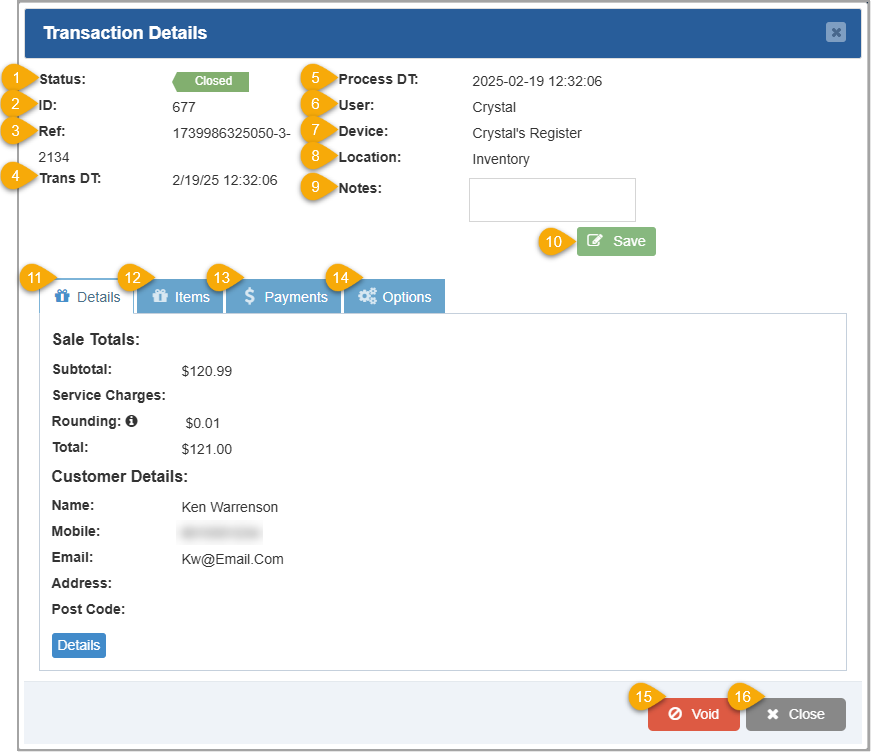 Image showing the Transaction Details window when accessed from the POS Sales Manager in the Bottle POS Admin app.