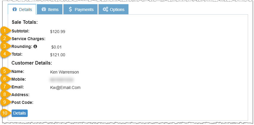 Image highlighting key features of the Details tab of the Transaction Details window accessed from the POS Sales Manager page of the Bottle POS Admin app.