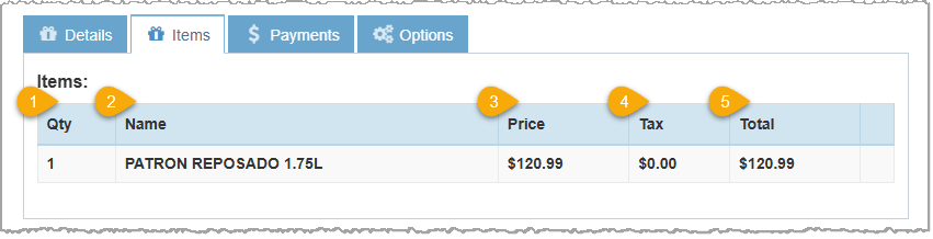 Image highlighting the key features of the Items tab of the Transaction Details window from the POS Sales Manager of the Bottle POS Admin app.