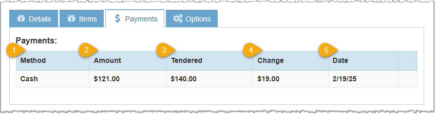 Image highlighting the key features of the Payments tab of the Transaction Details window from the POS Sales Manager of the Bottle POS Admin app.