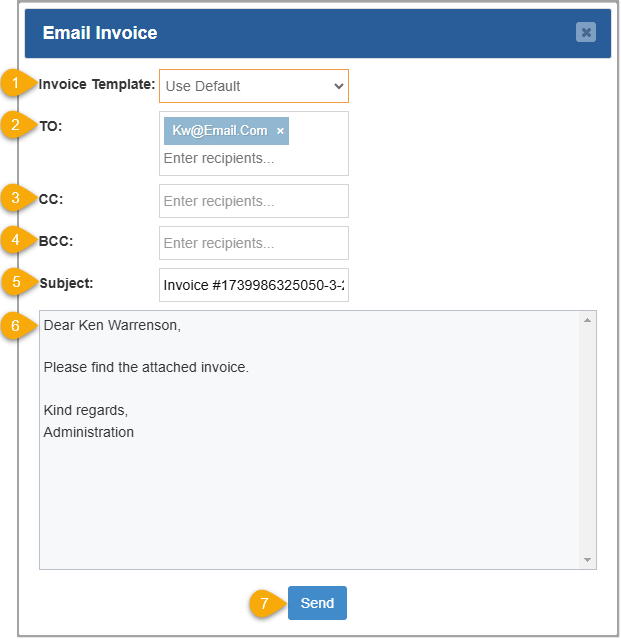 Image showing the Email Invoice window of the Bottle POS Admin appâs Transaction Details window.