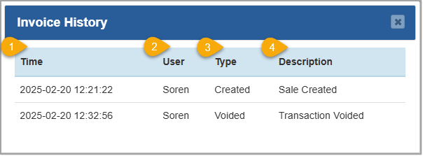 Image showing a customerâs invoice history from the Bottle POS Admin appâs Transaction Details window.