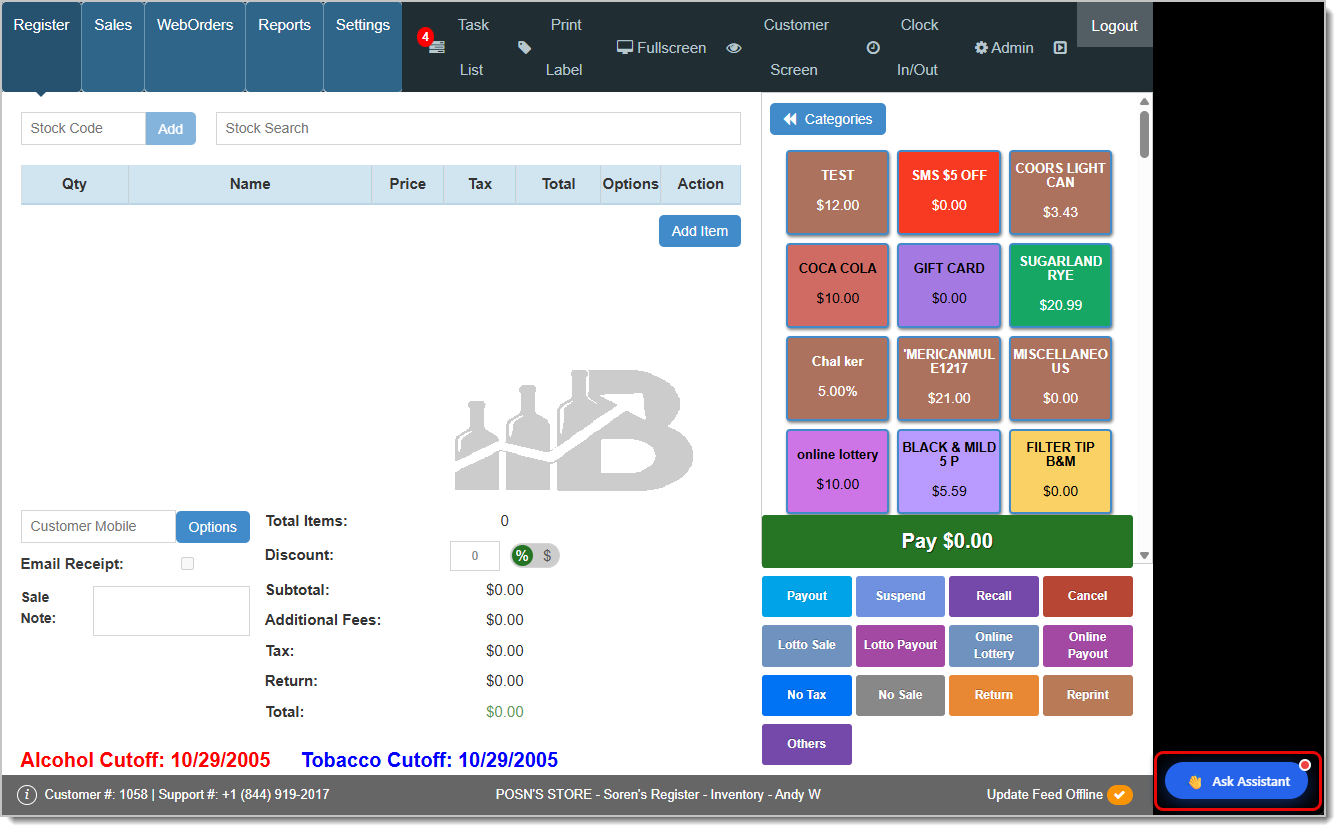 Image showing the Bottle POS Register with the AI Cashier Assistant highlighted in the lower right.