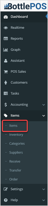 Image displaying the Items drop-list and the Items subtab of the Bottle POS Admin app.