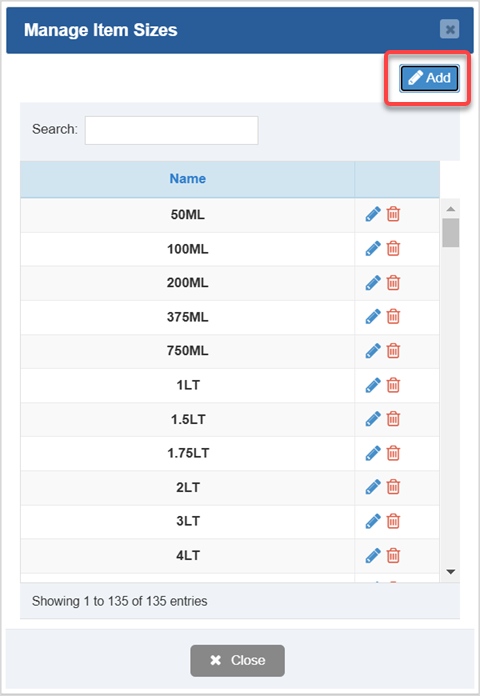 Image displaying the Manage Item Sizes window of the Bottle POS Admin and highlighting the Add button.