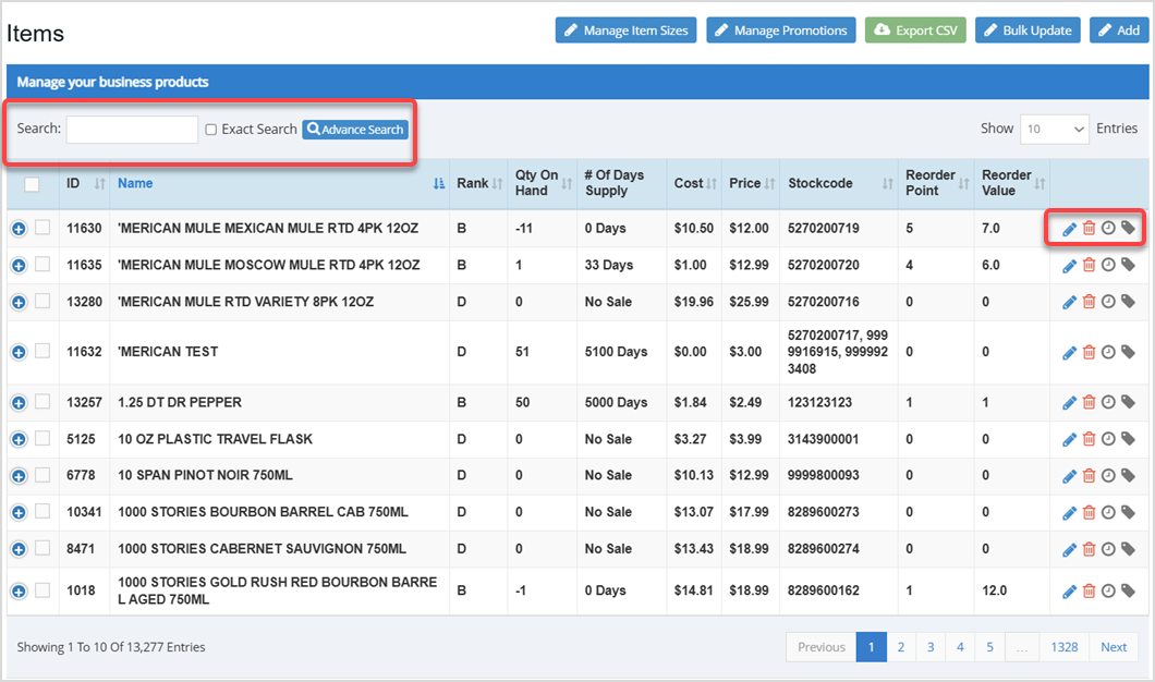 Image displaying the Items page of the Bottle POS Admin, highlighting the Search bar and the action icons.