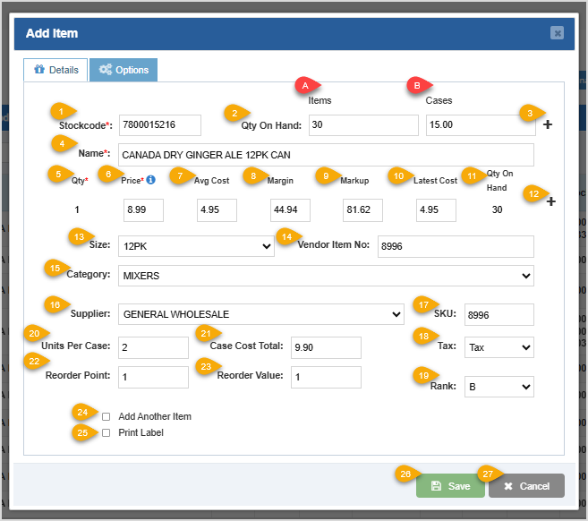 Image displaying the Details tab of the Add Item window of the Bottle POS Admin.